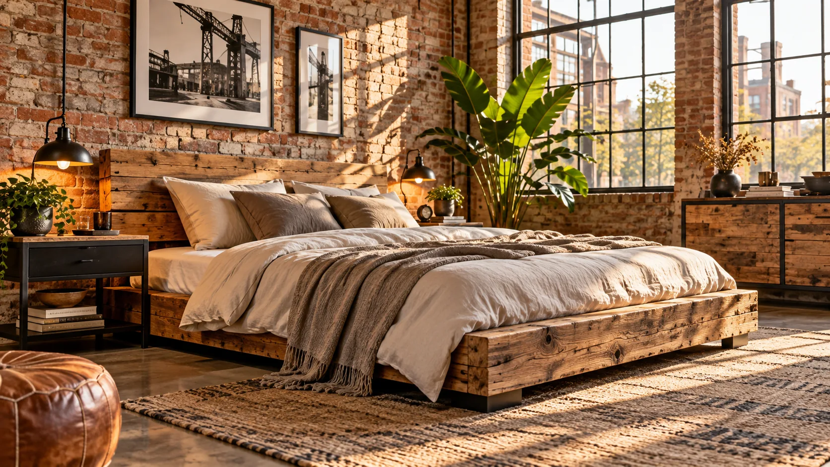 Industrial-Schlafzimmer mit Bett aus Altholz und warmem Licht