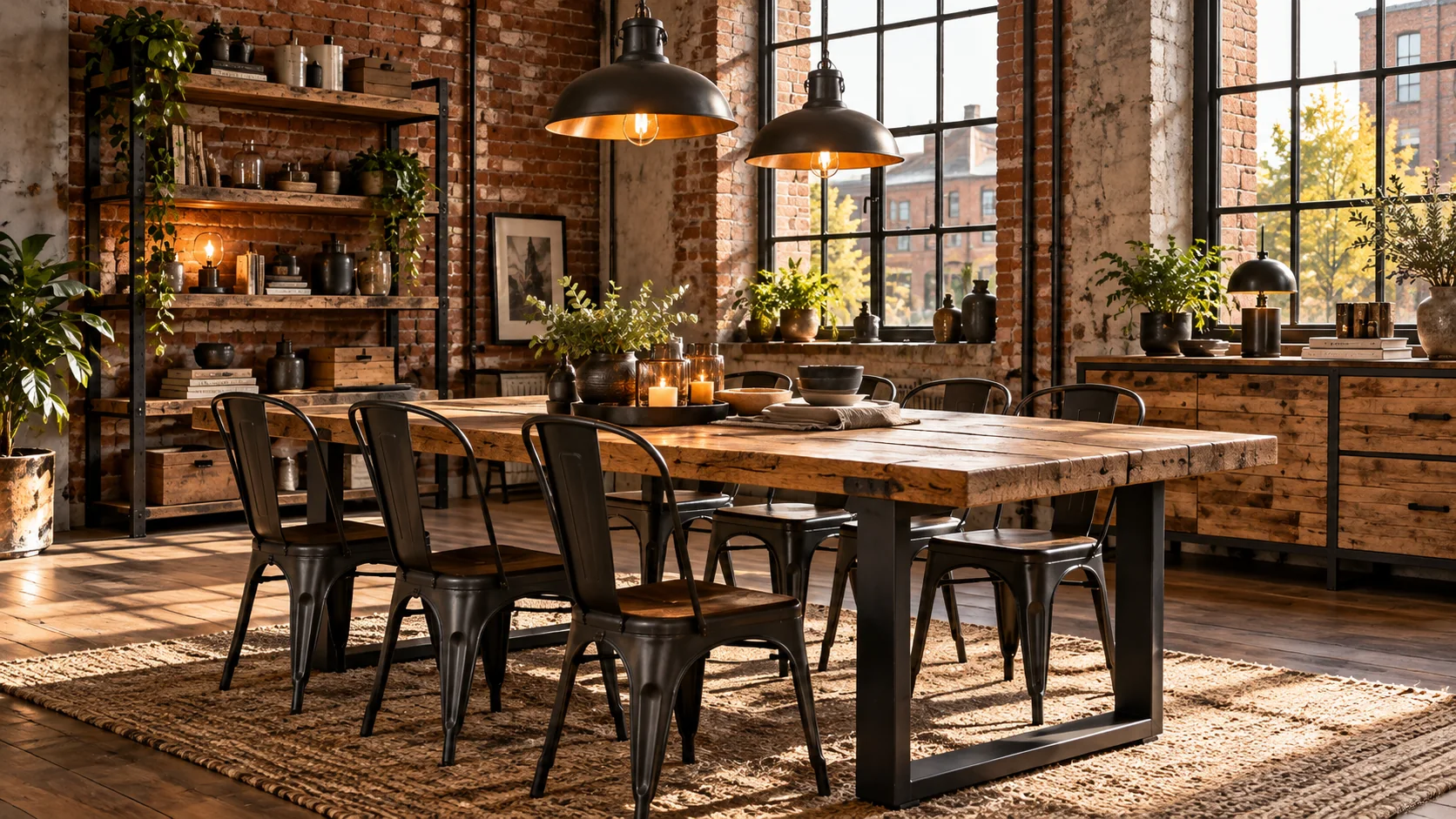 Industrial-Esstisch mit rustikaler Holzplatte und Stahlgestell