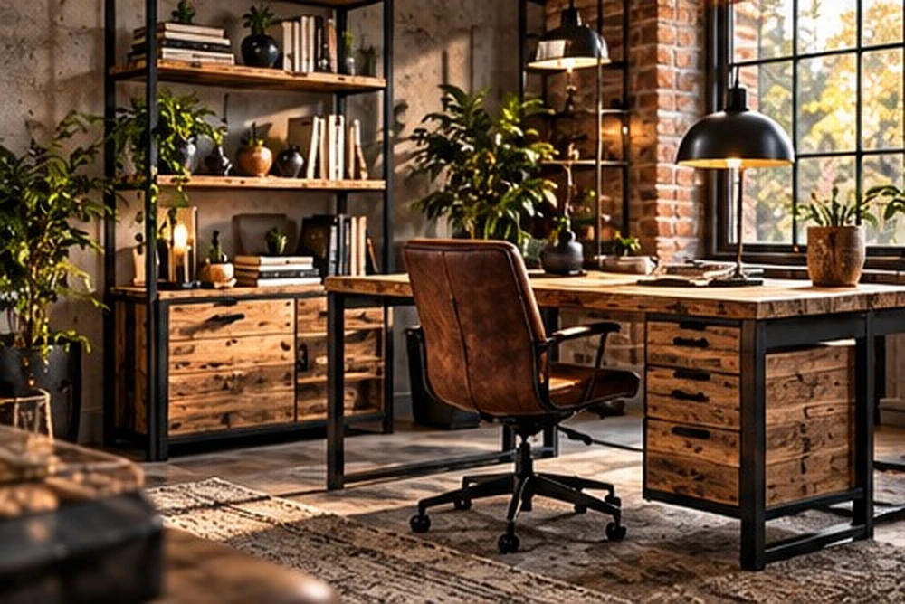 Schreibtisch aus Holz und Metall mit Lederstuhl