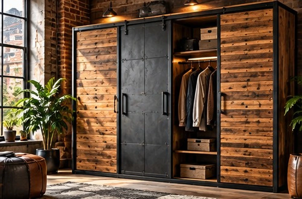Kleiderschrank mit Holzfront und dunklem Metall