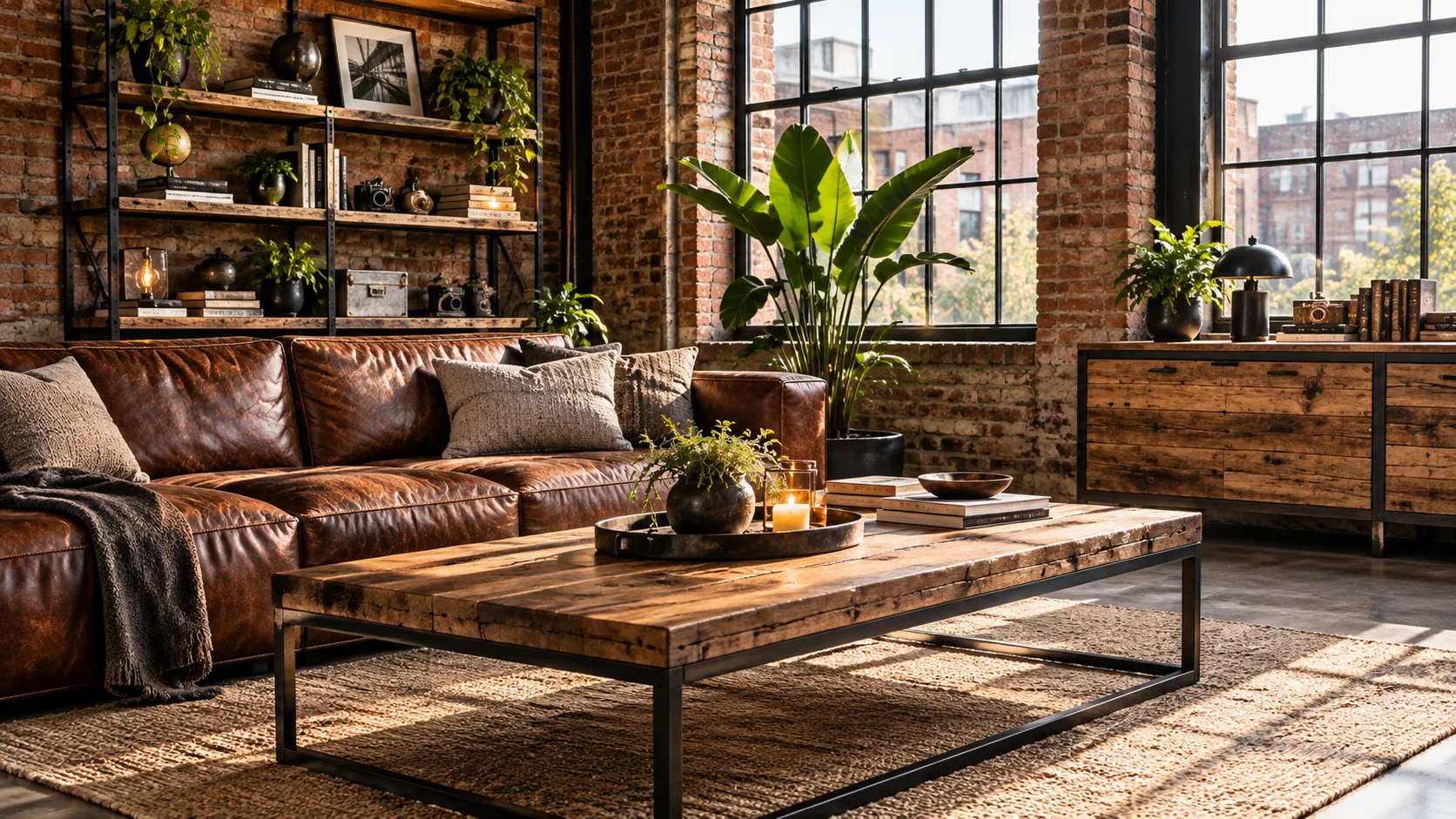 Stimmiges Industrial-Wohnzimmer mit Leder, Holz und Pflanzen