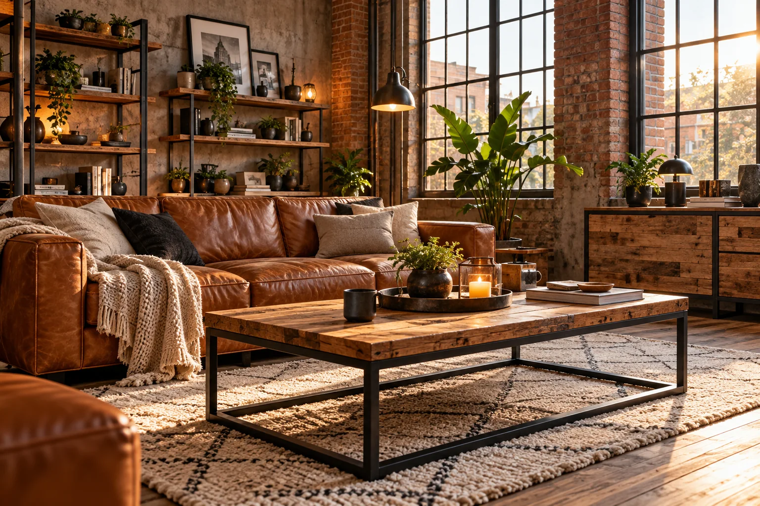 Wohnzimmer im Industrial Style mit Ledersofa und Holzmöbeln