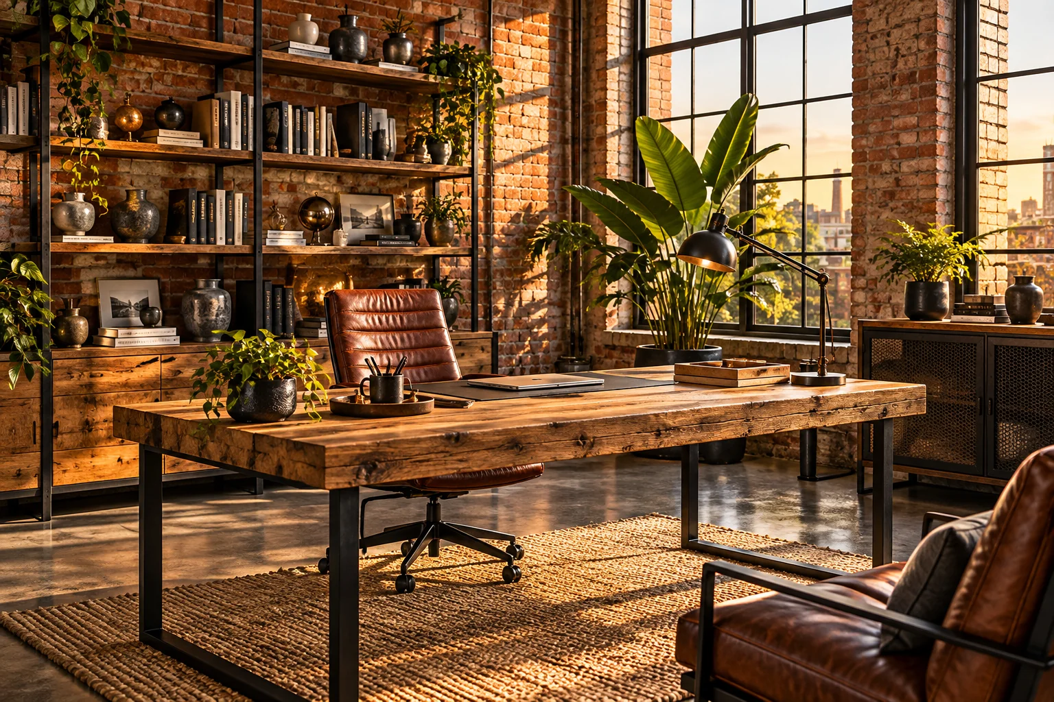 Arbeitsplatz im Industrial-Stil mit Schreibtisch und Regal