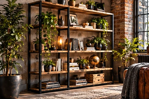 Industrial-Regal aus Holz und schwarzem Metall mit Pflanzen
