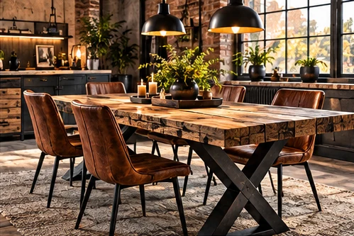 Industrial-Esstisch aus massivem Holz mit schwarzem Metallgestell