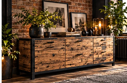 Industrial-Sideboard mit rustikaler Holzfront
